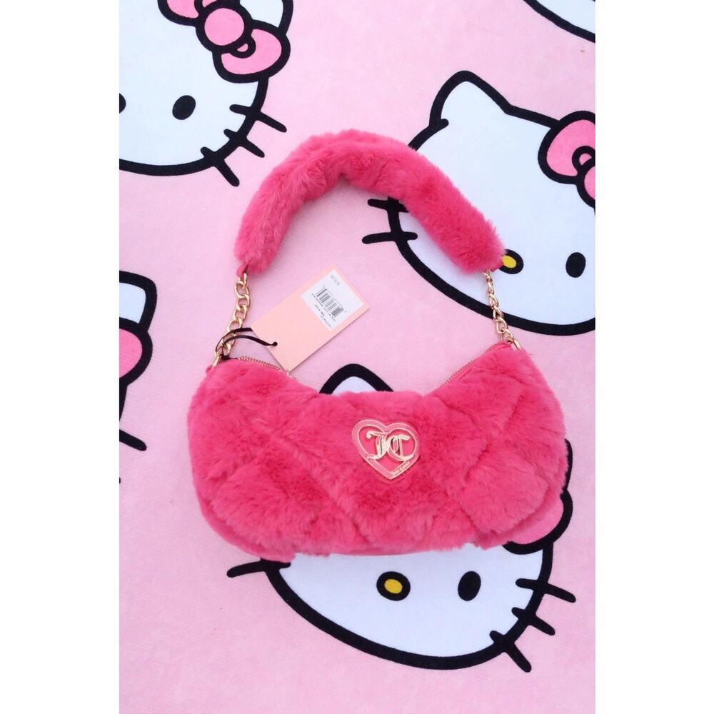 Juicy Couture Pink Faux Fur Quilted Shoulder Bag Heart Logo Y2K NWT
